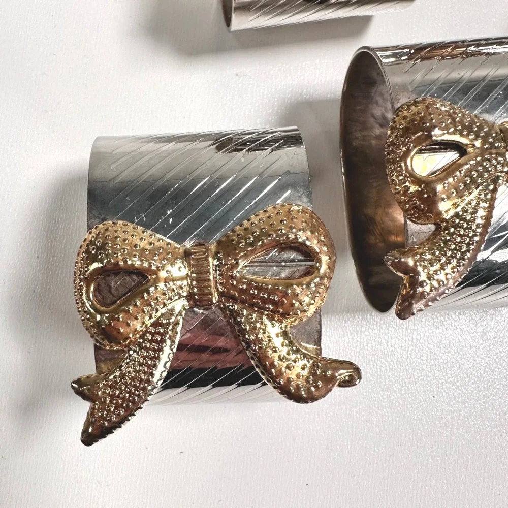Set‎ of Vintage Elegance Silver Plate Napkin Rings Gold Bow Cottagecore Art Deco